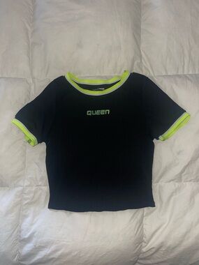 Fashion Nova Crop Tee with Neon Lime Trim and QUEEN Logo